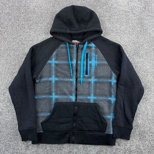 Vintage Y2k No Fear Hoodie Mens Medium Blue Plaid Sherpa Lined Fleece Full Zip